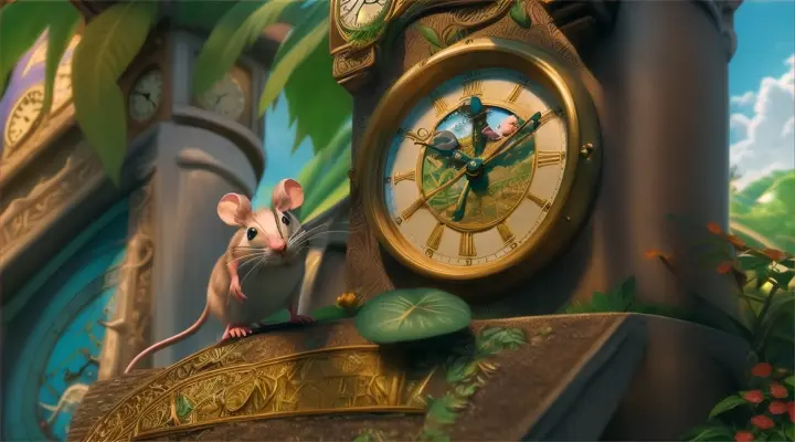 Jerry the Mouse climbing a magical clock tower on a tropical island, surrounded by lush vegetation and vibrant wildlife