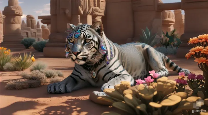 A silver jaguar sphinx resting by a serene desert oasis, surrounded by ancient ruins and colorful flowers