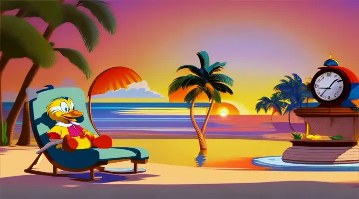 Donald Duck lounging near a cartoon clock during a tropical sunset on a fantasy island