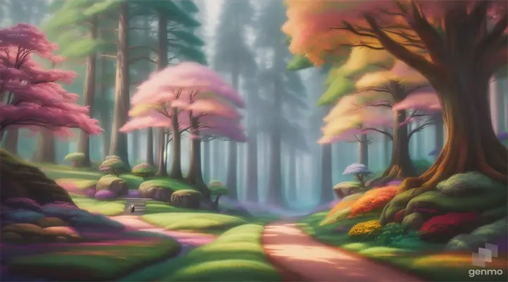 dreamy world beautiful long trees , diffrent cartoon characters, fantasy characters