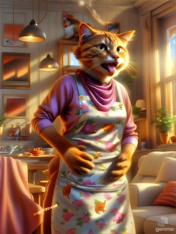 a cat wearing an apron standing in a living room