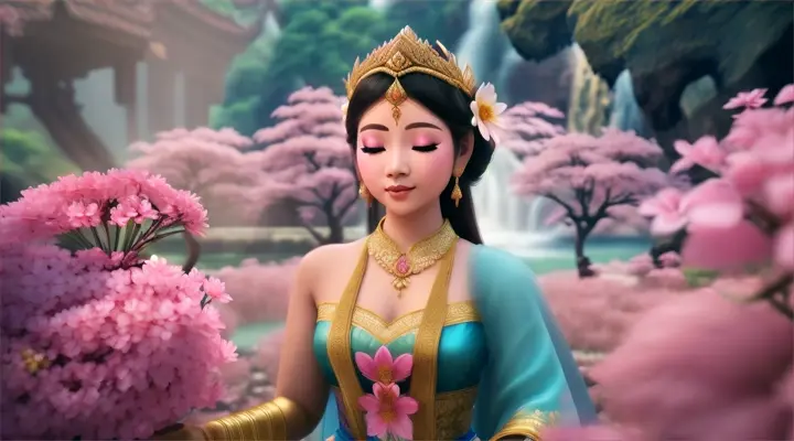 Beautiful cambodian Apsara in traditional dress holding flower, sakura flowers and palace, waterfall in the background, closed up, fantasy 3D style 