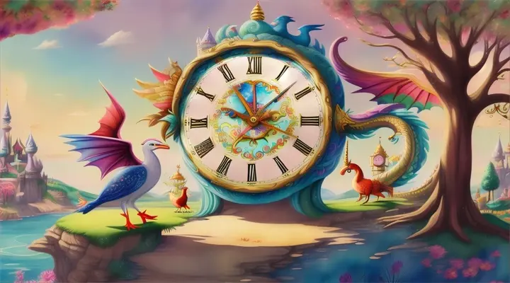 A cartoon giant clock and a cartoon bird on a fantasy island