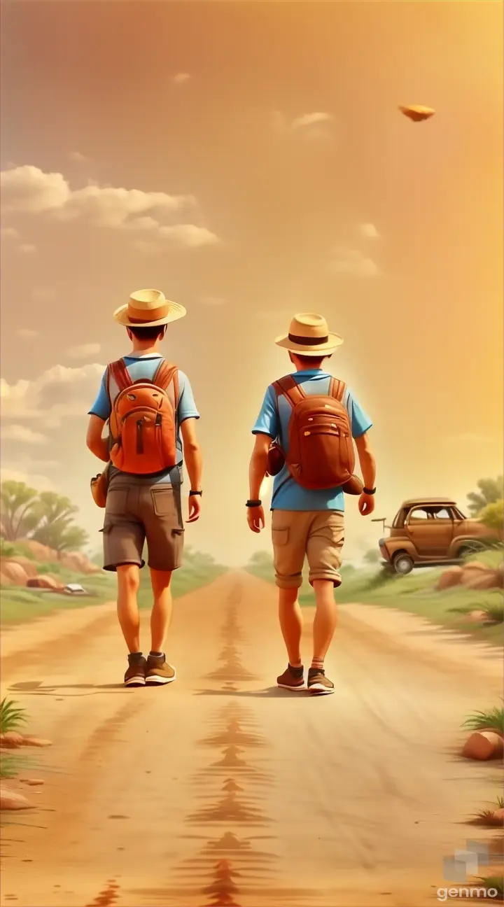 a couple of men walking down a dirt road