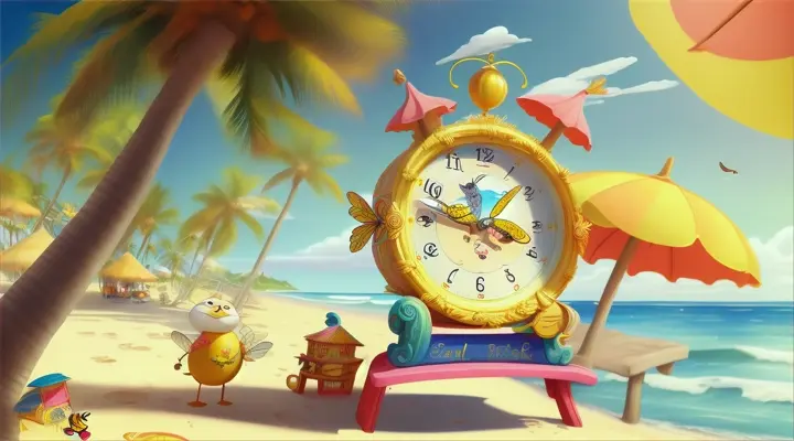 A cartoon clock and a cartoon bee on a fantasy beach