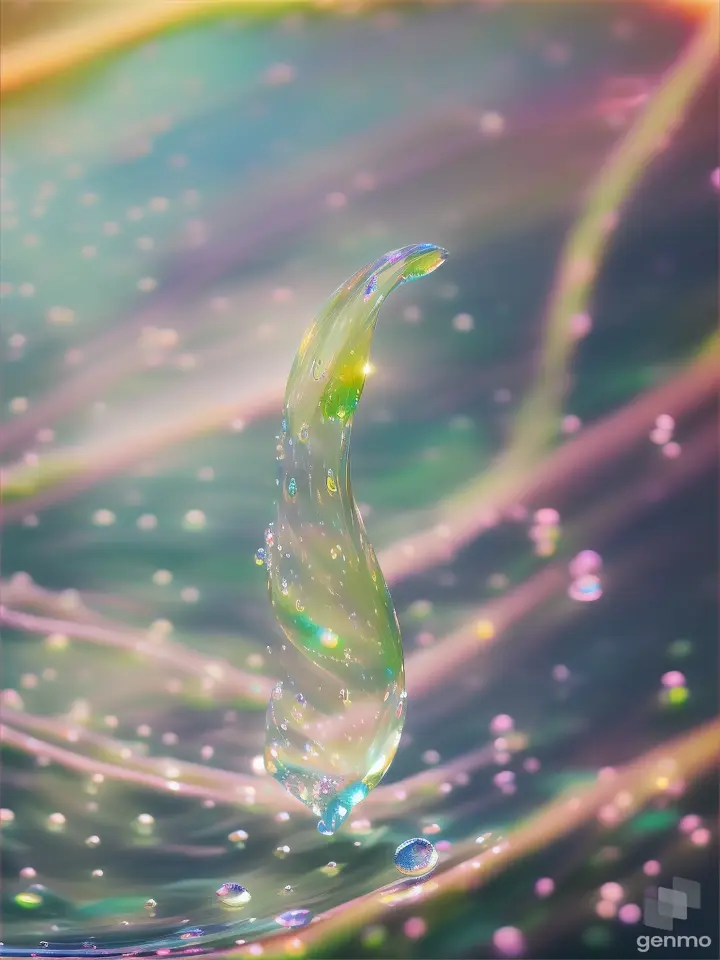 Realistic photo of a small water sprite, with luminous and white translucent body in drop watery form, ultra-high quality, ultra-high resolution, surreal, ultra-precision, color correction, good lighting settings, good composition, very low noise, edges vivid, harmonious composition, award-winning work, colorful and vibrant background of translucent water drops