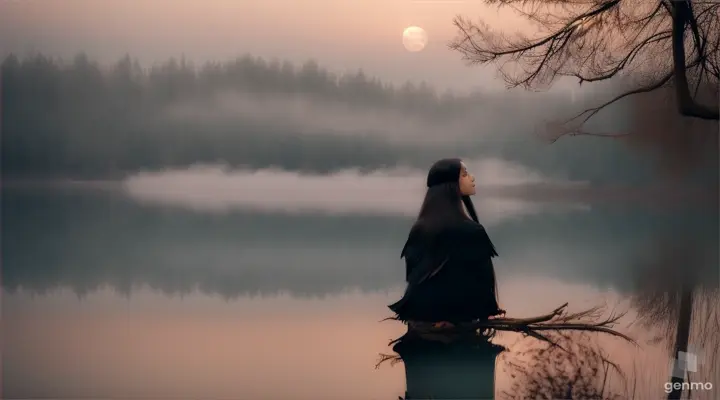 Woman gazes at a black bird on a misty lake at night. Water reflects the pristine beauty of a full moon