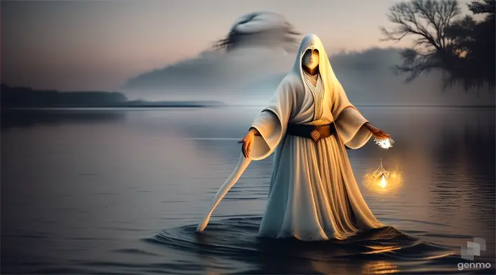 the ghost of May Hawesa, dressed in white, a terrifying figure, at night on the shore of East Lake.a with video of 16:9