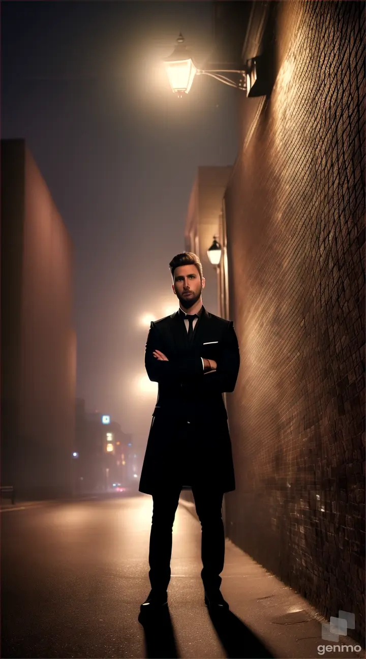 (best quality,4k,8k,highres,masterpiece:1.2),ultra-detailed,realistic,photorealistic:1.37,man in black clothes, streetlamp-lit background, in the ally at night city, volumetric lighting