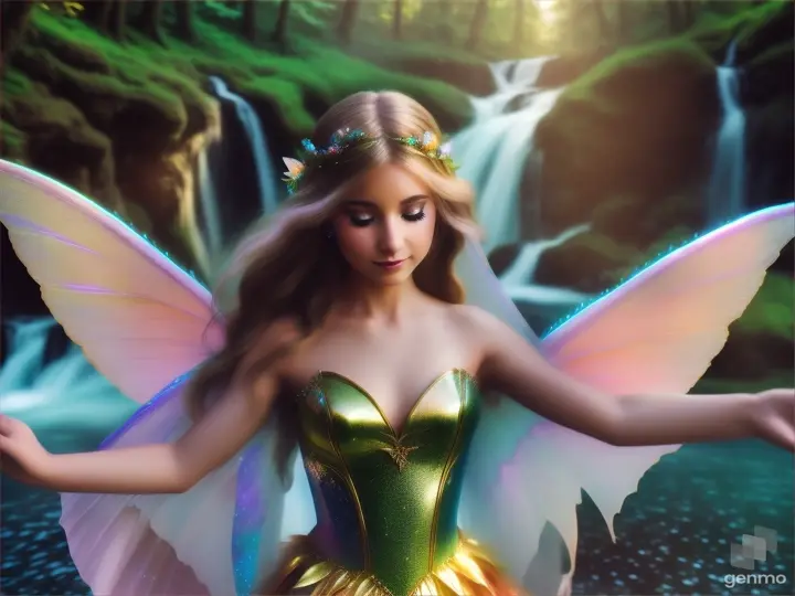 A beautiful fairy princess woman dancing in waterfall