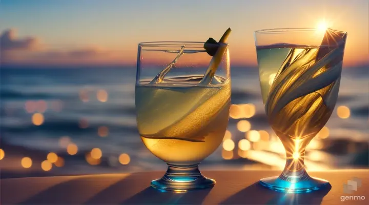 cocktail glasses dancing on the waves on the coast