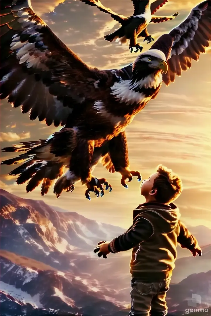 a boy looking at an eagle in the sky