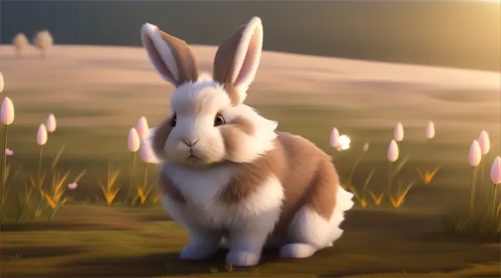 an extremely fluffy and cute rabbit stands on a field in front of a grassy area, in the style of rendered in cinema4d, chinapunk, symmetrical asymmetry, light brown, quirky shapes, hurufiyya