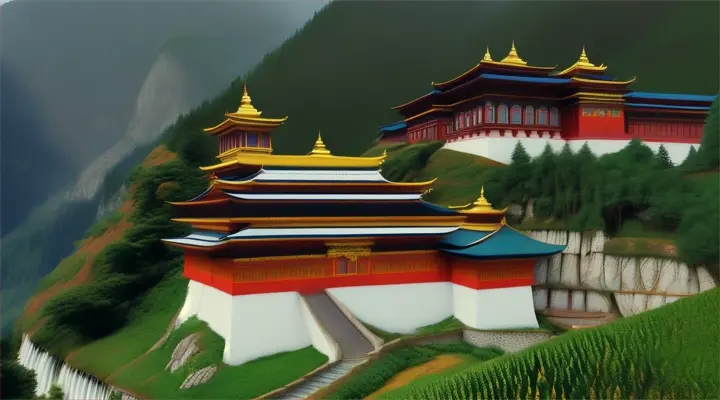 Peaceful monastery in the mountains, Tibetan thangka painting style