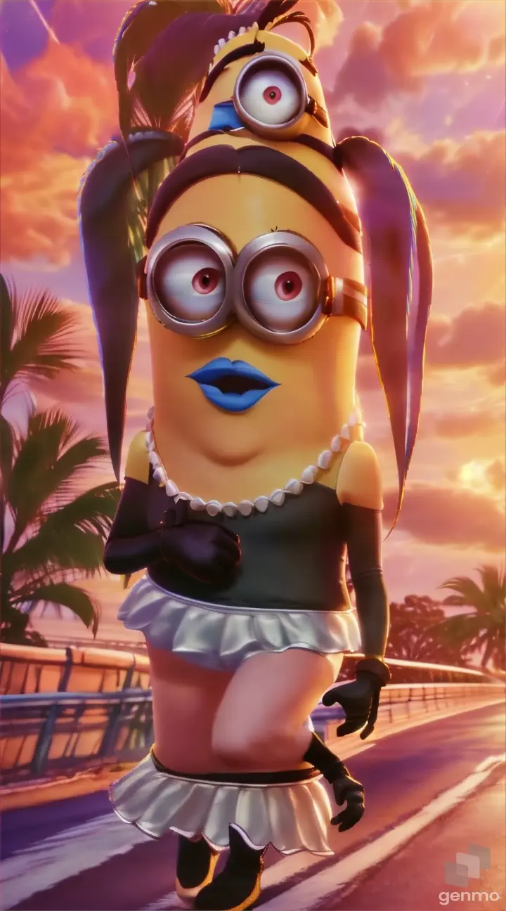 A woman in a minion costume stands on the side of the road, waving her arms and shouting "welcome" 