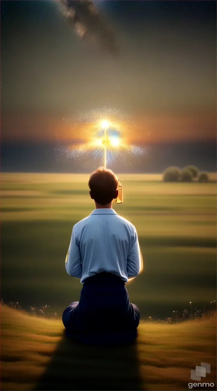 A person in prayer and in tune with God in the grass and with the sky full of galaxies image in 8k and realistic