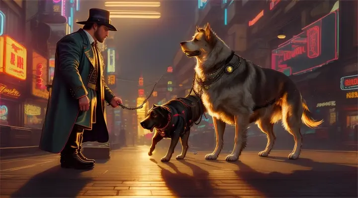 Cyberpunk Renaissance, golden hour, antique man He feeds the big dog