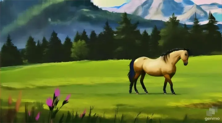 a painting of a horse in a field with mountains in the background