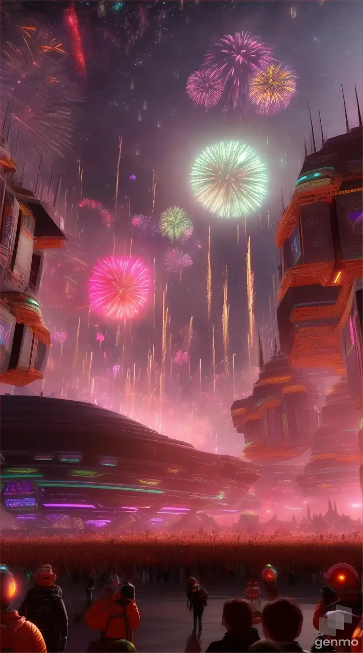 A festival in an alien world with a sky full of glowing constellations and bright neon-like lights casting over the crowd