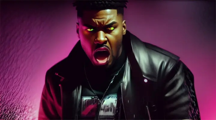 Angry black rapper yells amidst a 'Matrix' inspired 'code rain', with shattered glass and graffiti backdrop