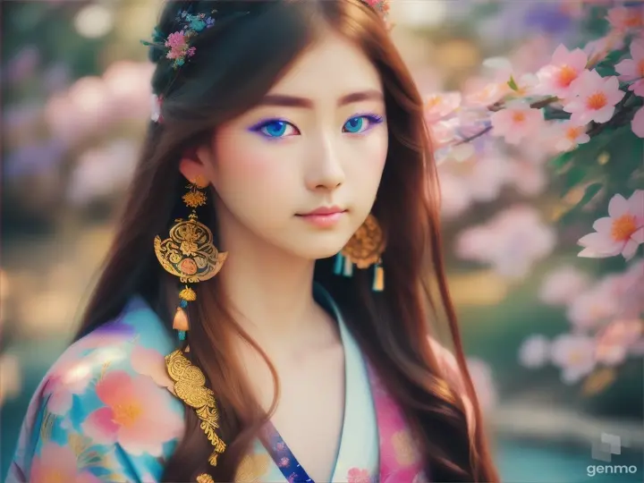 The image depicts a character with their face blurred, surrounded by a serene and mystical environment. The character has long, flowing light brown hair adorned big blue eye smile Japanese girl wearing colorful kimonos adorned with floral patterns a little with flowers and wears intricate golden jewelry. horizontal image