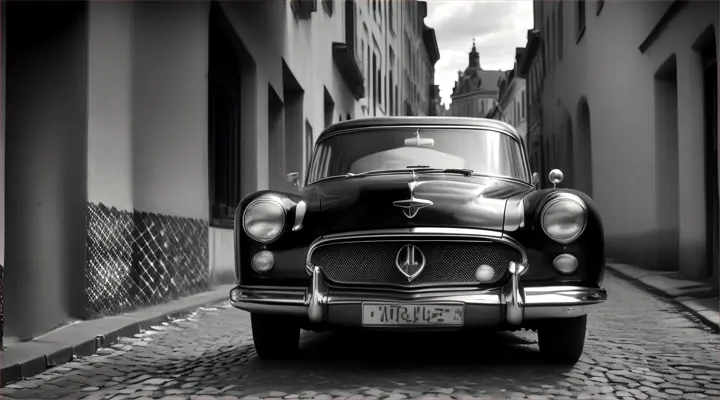 Vintage car parked on a cobblestone street, black and white photo