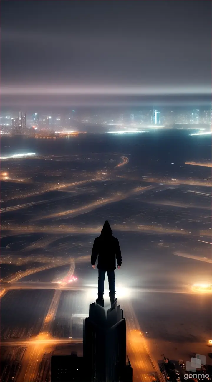 in a futuristic setting, a man is standing in an elevated place, contemplating a modern city at night. Vestindo uma roupa preta, incluindo um capuz que resguarda seu rosto do frio, he is completely immersed in the icy atmosphere. A cidade, distant and immersed in darkness, is lit only by a few strategic buildings and landmarks.Street lights reflect on the cold damp ground, criando uma aura misteriosa ao seu redor.

O homem, de costas para o espectador, becomes silently absorbed by the landscape in front of you. As luzes distantes brilham no horizonte, casting a soft glow that highlights the city&#39;s futuristic silhouette. Urban architecture is a mix of illuminated skyscrapers, flying vehicles that glide between them and holographic technology that projects dynamic images into the air, creating a vision of a distant and fascinating future.

In the overcast sky, um flashe de raio ilumina brevemente a cidade, adding a dramatic touch to the night scene, while the man remains immersed in contemplation of the city in front of him. Ha 3 carros voadores cruzando o ceu.
