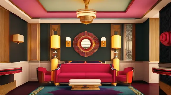 Art deco inspired interior, vibrant colors and geometric patterns, illustration