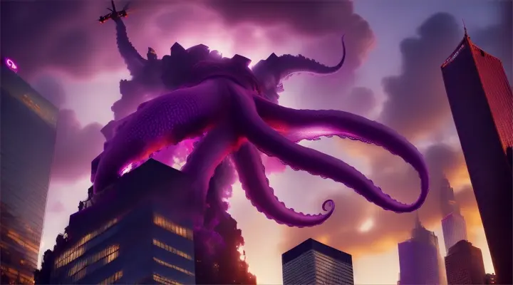 giant purple octopus climbing a sky scrapper destroying a helicopter