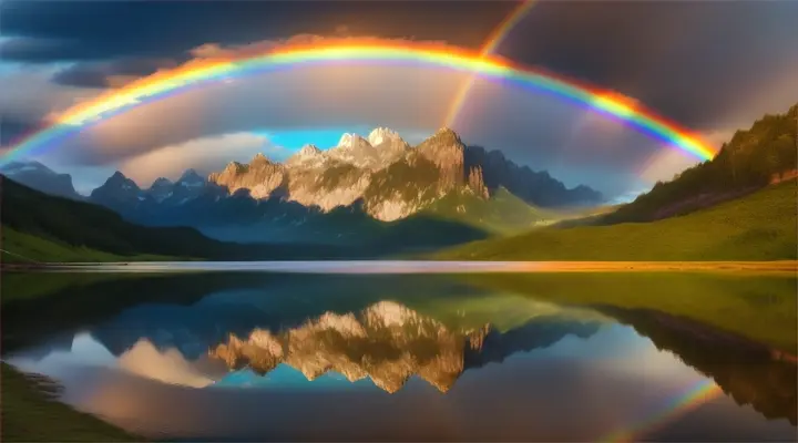 Mirror-like lake reflecting a perfect rainbow after a storm, vivid colors, high-resolution photo