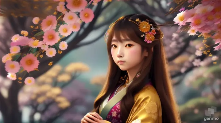 The image depicts a character with their face blurred, surrounded by a serene and mystical environment. The character has long, flowing light brown hair adorned big blue eye smile Japanese girl wearing colorful kimonos adorned with floral patterns a little with flowers and wears intricate golden jewelry. horizontal image