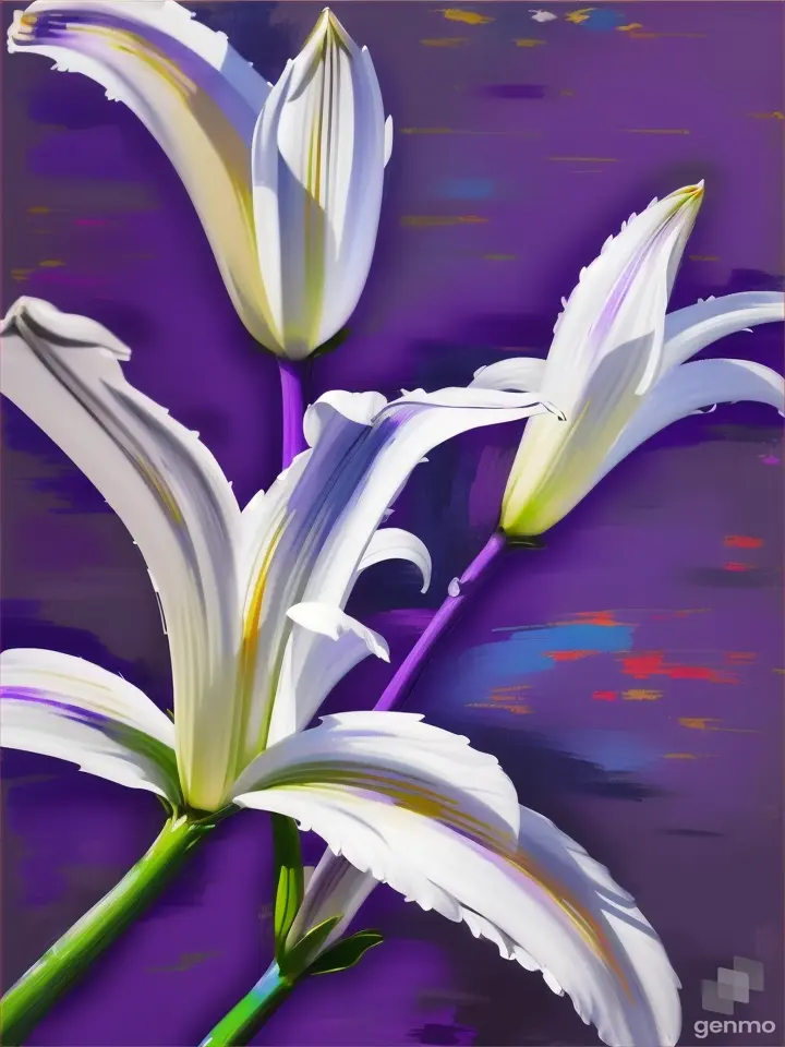 drawing in the style of large strokes of oil painting: a white lily on a purple watercolor pop art background.