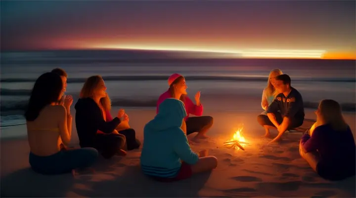 Group of friends at a beach bonfire, energetic and warm mood, photo