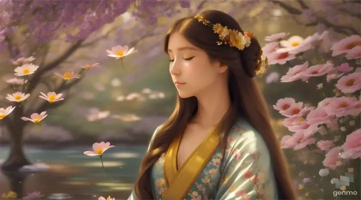 The image depicts a character with their face blurred, surrounded by a serene and mystical environment. The character has long, flowing light brown hair adorned big blue eye smile Japanese girl wearing colorful kimonos adorned with floral patterns a little with flowers and wears intricate golden jewelry. horizontal image