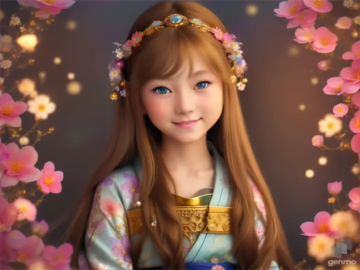 The image depicts a character with their face blurred, surrounded by a serene and mystical environment. The character has long, flowing light brown hair adorned big blue eye smile Japanese girl wearing colorful kimonos adorned with floral patterns a little with flowers and wears intricate golden jewelry. horizontal image