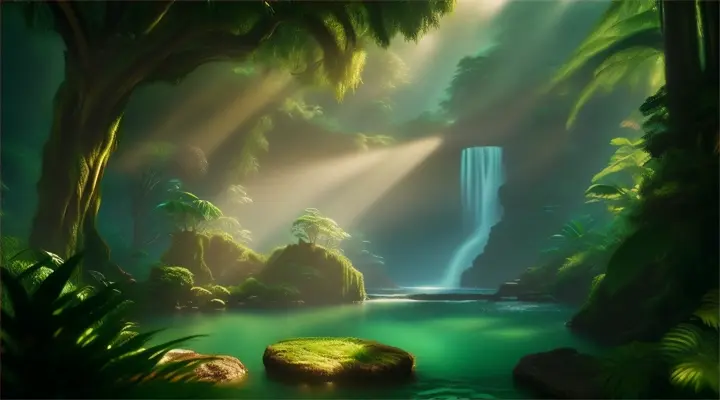 Lush green jungle with a hidden waterfall, vibrant, digital painting