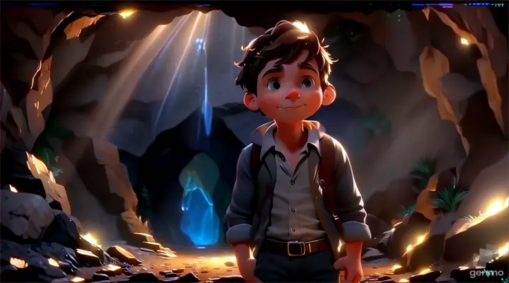 a boy standing in a cave with a flashlight