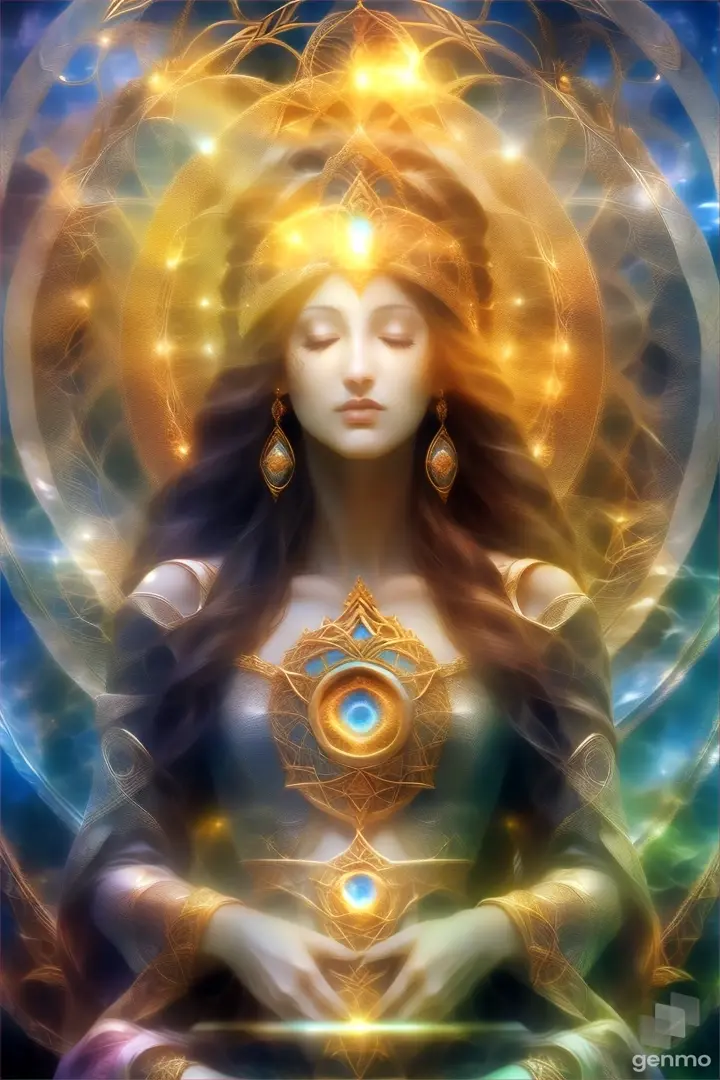 a woman with her eyes closed and a halo around her head