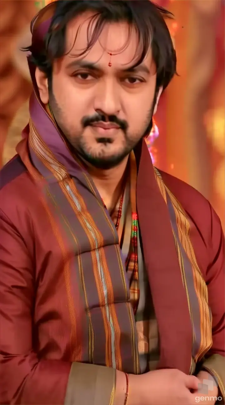Dhirendra Krishna Shastri in outdoor urban setting, wearing a patterned coat with festive lights in the background
