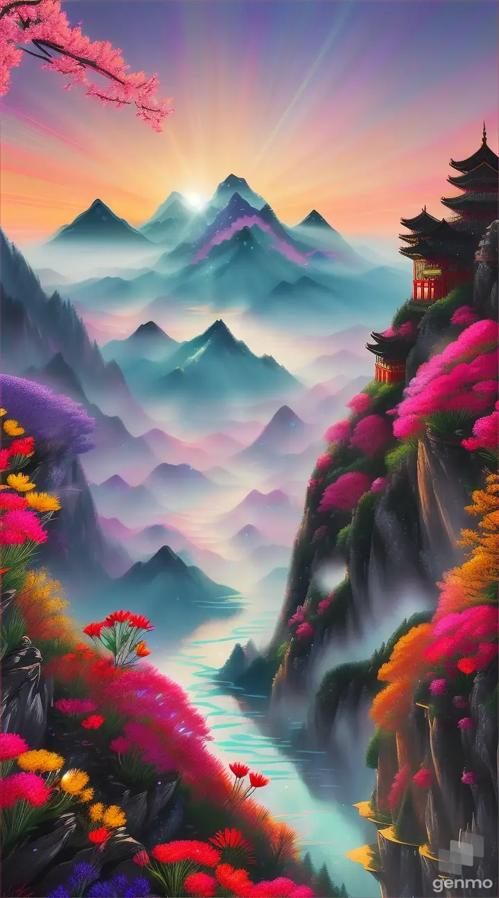 Traditional Chinese Flowers and Mountain of Fantasy art, liquid chrome, wet on wet, png format, bright, vibrant colorful illustration, breathtaking beauty, pure perfection, divine presence, unforgettable, impressive, breathtaking beauty, Volumetric light, auras, rays, vivid colors reflects, Greg Rutkowski, Delicate, Speedpaint_with_large_brush_strokes_and_spatter_paint, Oil Spatter, Paint Strokes, Ink Drip, masterpiece, 32k resolution, highly detailed complex, black_lineart, sharp focus, complex artwork masterpiece, sinister, matte painting film poster, golden ratio, intricate, epic, highly detailed, vivid, production cinematic character rendering, ultra high-quality model watercolor, dripping paint, paint splatter, trending on art station, sharp focus, bokeh, studio photo, intricate details, highly detailed, Broken Glass effect, no background, stunning, something that even doesn't exist, mythical being, energy, molecular, textures, iridescent and luminescent scales, breathtaking beauty, pure perfection, divine presence, unforgettable, impressive, breathtaking beauty, Volumetric light, auras, rays, vivid colors reflects..8k  9/16