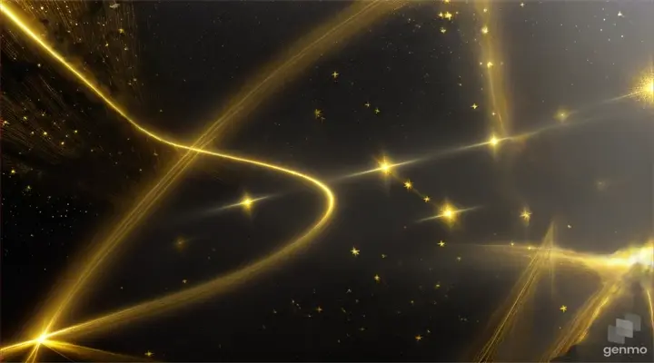 gold particles abstract background with golden shining stars dust bokeh glitter awards dust. Futuristic glittering fly movement flickering loop in space on black background