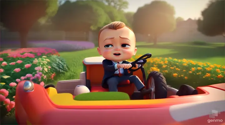 3d cartoon  baby boss drive tractor in garden