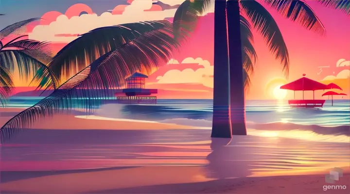 A sleek, art deco-inspired beach scene with a winged surfer catching a wave towards a pastel sunset, palm trees and lifeguard tower in the background