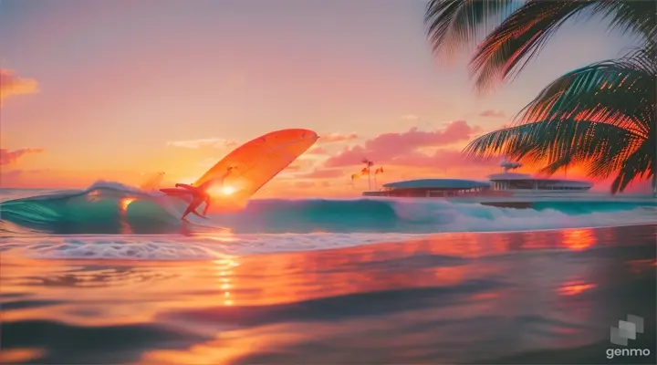 A sleek, art deco-inspired beach scene with a winged surfer catching a wave towards a pastel sunset, palm trees and lifeguard tower in the background