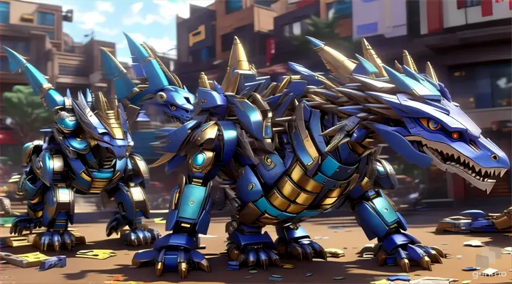 a large blue and gold dragon standing in front of a bunch of junk