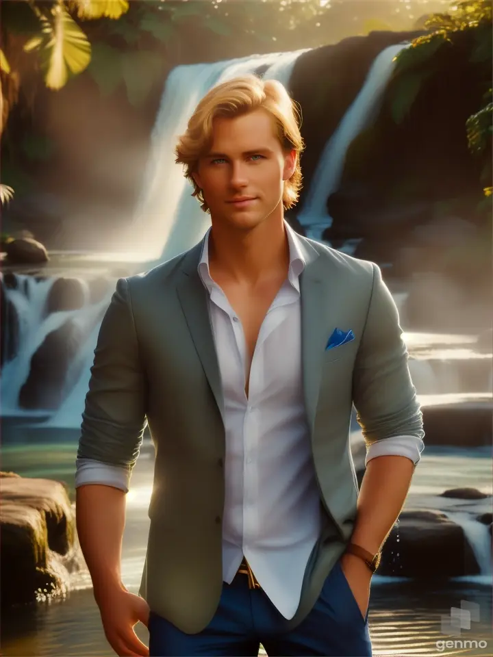 Handsome man with blue eyes   full body standing by a tropical waterfall in the golden hour, sunlight hitting mist