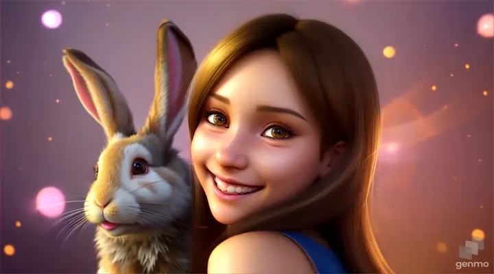/imagine prompt: 3D animation, personality: The girl notices the rabbit and stops, smiling warmly at her unexpected audience. Unreal engine, hyper real --q 2 --v 5.2 --ar 16:9