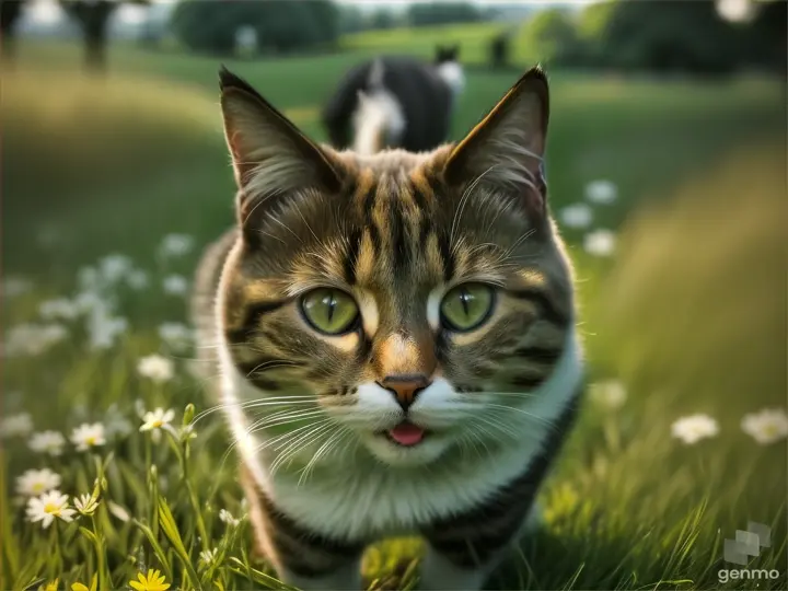 a cate waking in a green grass ground with happy and enjoy