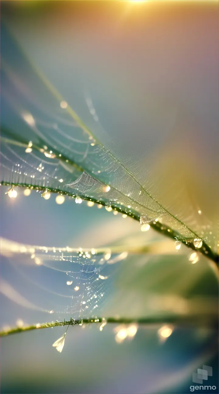 Delicate petals of a flower catching morning dew, glistening like diamonds under soft sunlight.
Water droplets forming on the surface of a cobweb, suspended between two fern fronds, catching the sunlight.
