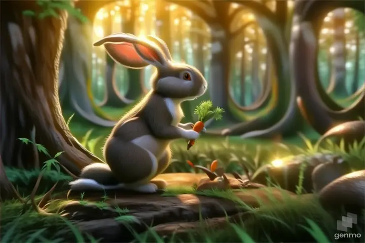 a rabbit holding a carrot in a forest